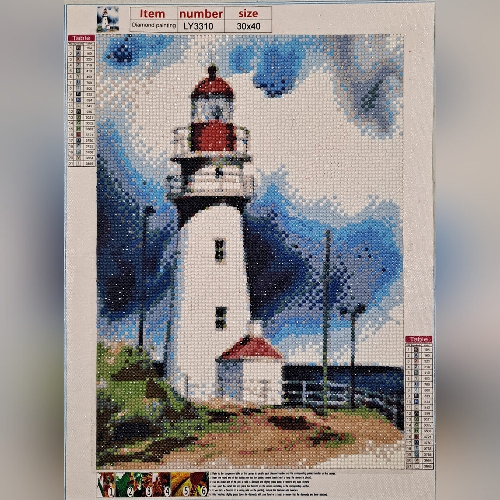 White Lighthouse "Completed" Diamond Art Picture "Frame Not Included" Multicolor